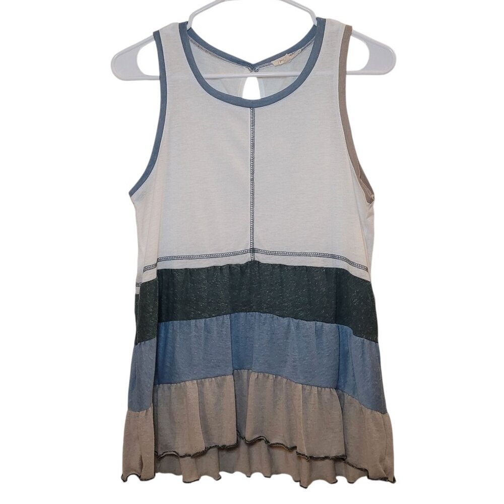 Mystree Colorblock Tiered Tank Top Boho Babydoll Ruffle Hem Sleeveless Small